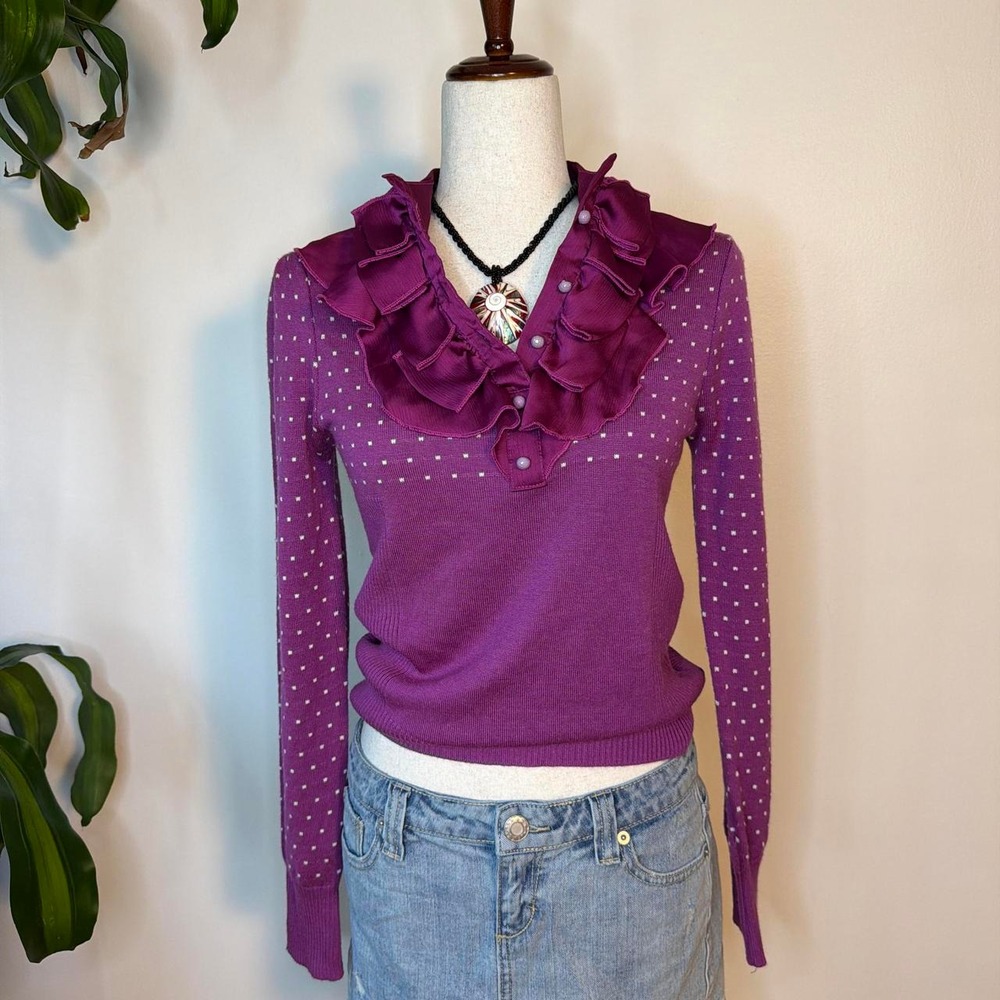 Yeunda Magenta Polka Dot Ruffle Collar Lightweight Sweater Purple Twee Small